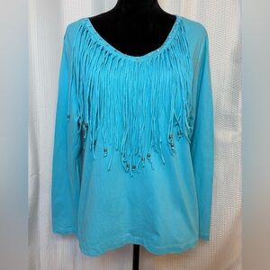 Back In The Saddle 100% cotton turquoise fringe beaded v-neck long sleeve top L